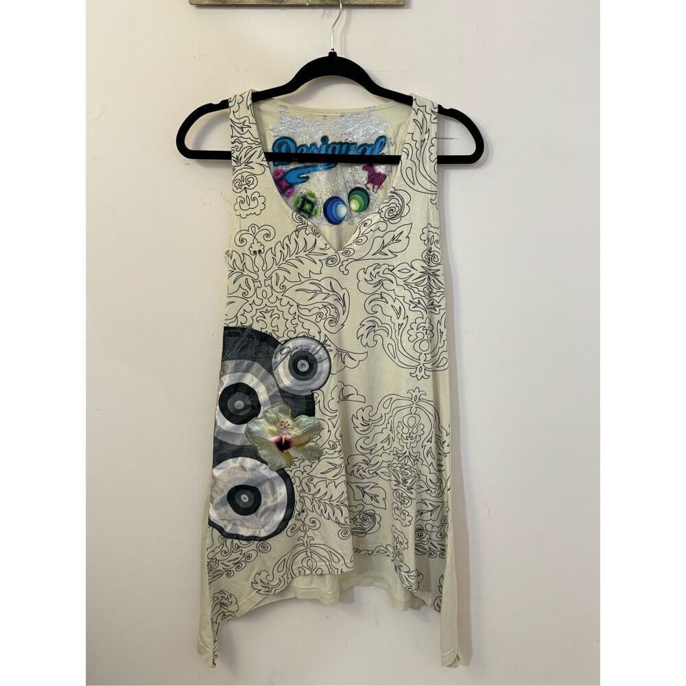 Desigual Y2K Cream Floral Embellished Tunic Tank Top S